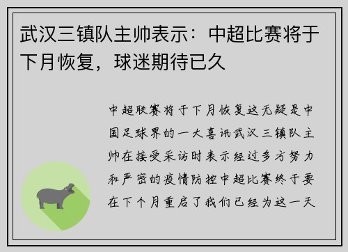 武汉三镇队主帅表示：中超比赛将于下月恢复，球迷期待已久